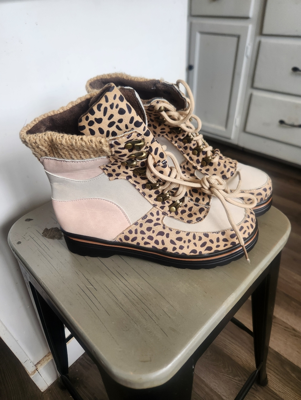 Leopard Print Lace-Up Wedge Ankle Boots - Neutral Pink & Beige